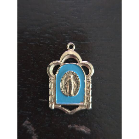 Vintage Miraculous Medal Virgin Mary Blue Enamel Gold Tone Catholic Pendant - Picture 1 of 2